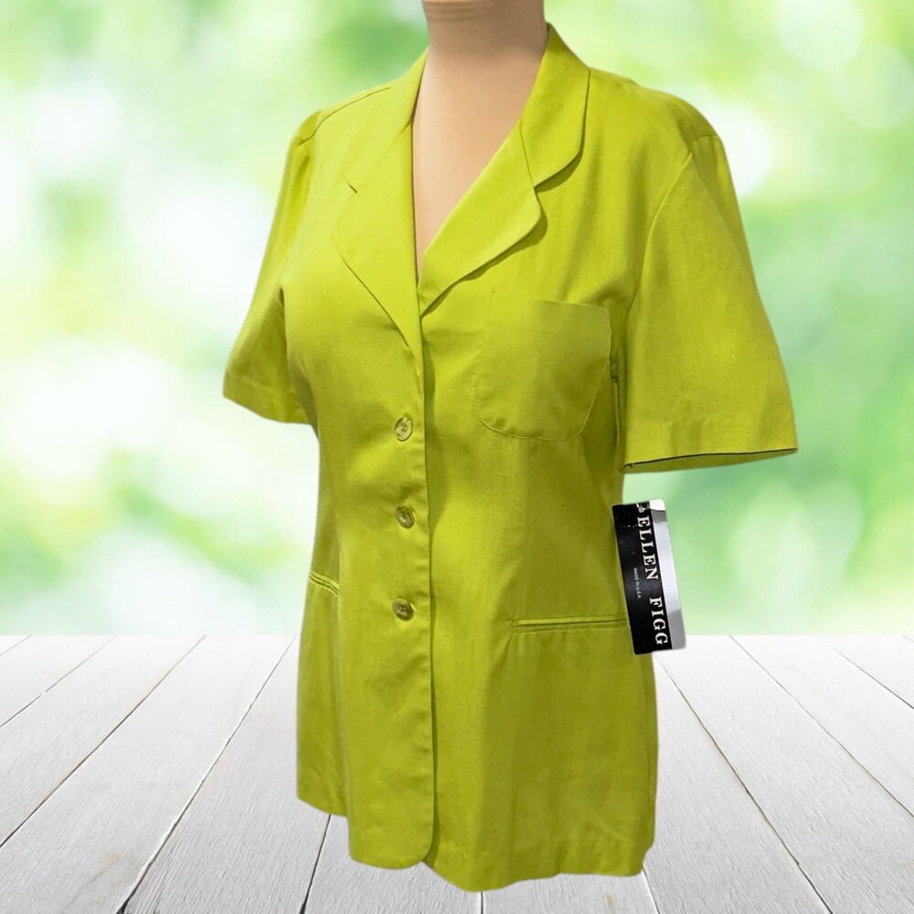 Vintage ELLEN FIGG Linen Blend Blazer Short Sleeve Chartreuse USA NWT Size 10